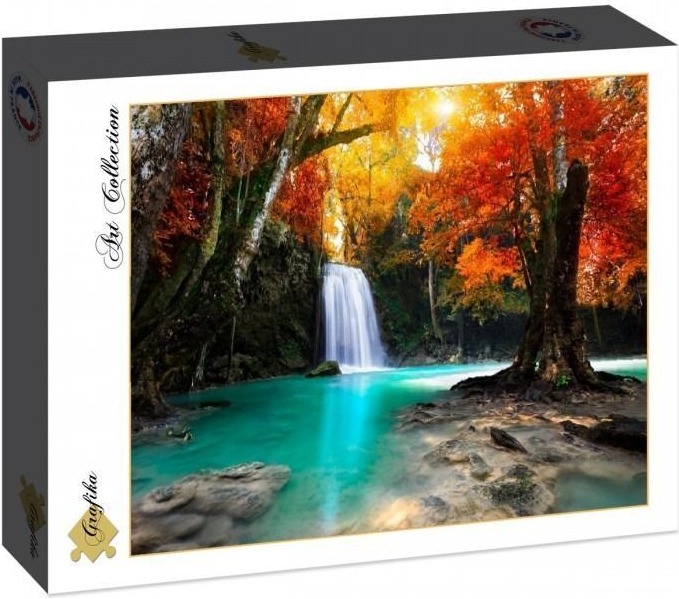 A waterfall cascading into a turquoise pool surrounded by vibrant autumn trees under golden sunlight.