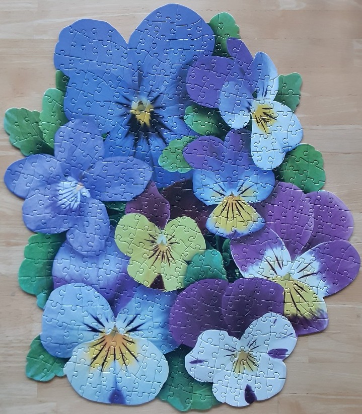 A cluster of blue, purple, and yellow pansy flowers against a light wooden background.
