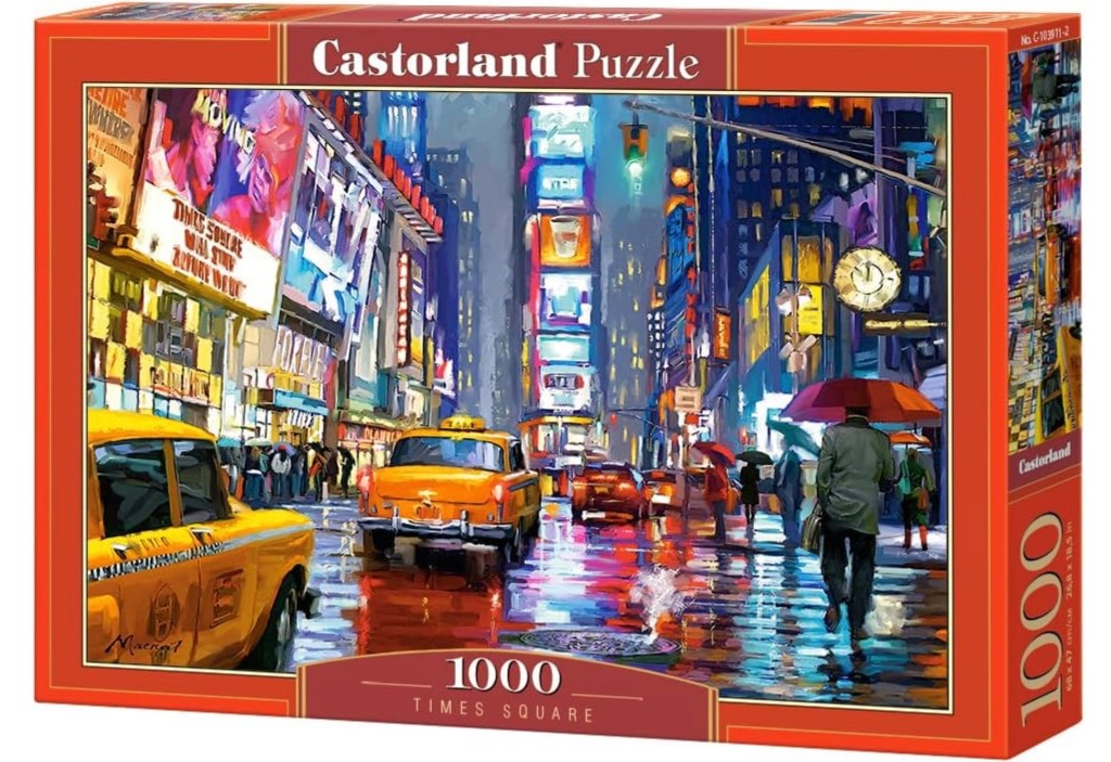Painting of a rainy night in Times Square with yellow taxis and pedestrians