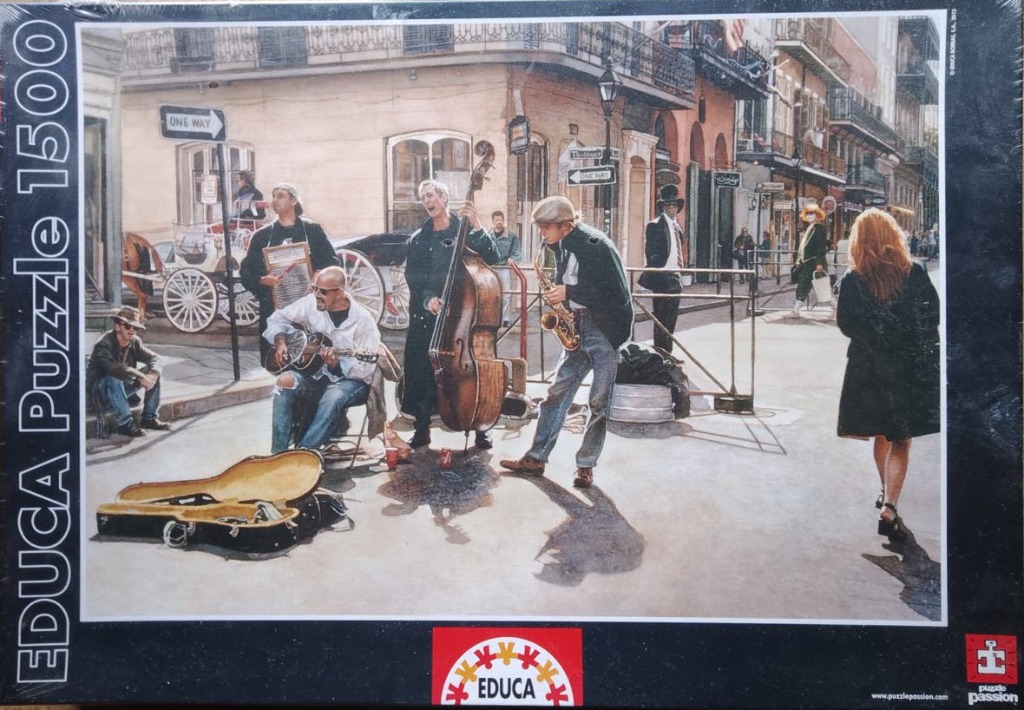 A group of street musicians playing jazz on a New Orleans-style corner, with a woman walking by.