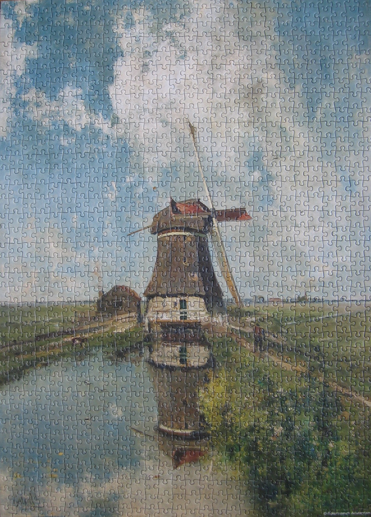 Impressionist-style painting of a Dutch windmill reflected in a canal under a cloudy blue sky.
