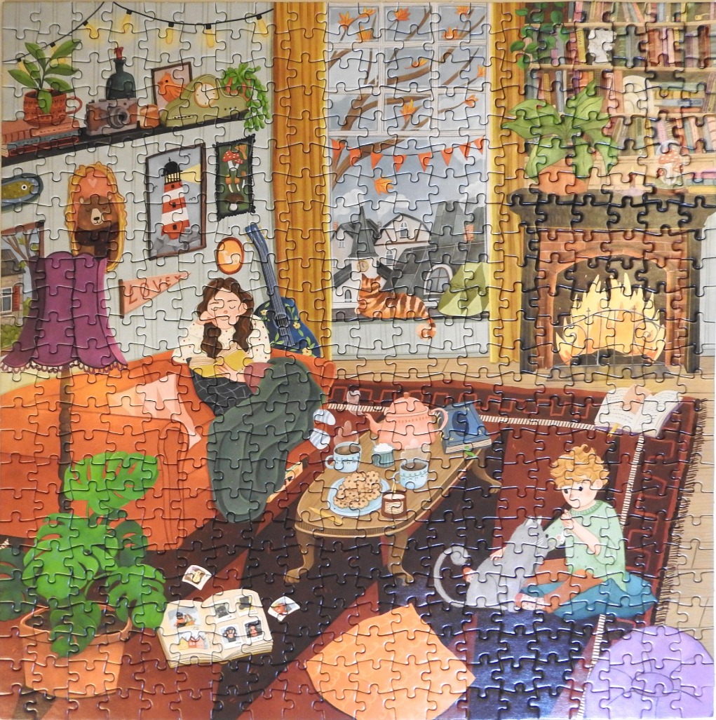 Cozy living room illustration with a woman reading on a sofa and a person playing with a cat on a rug