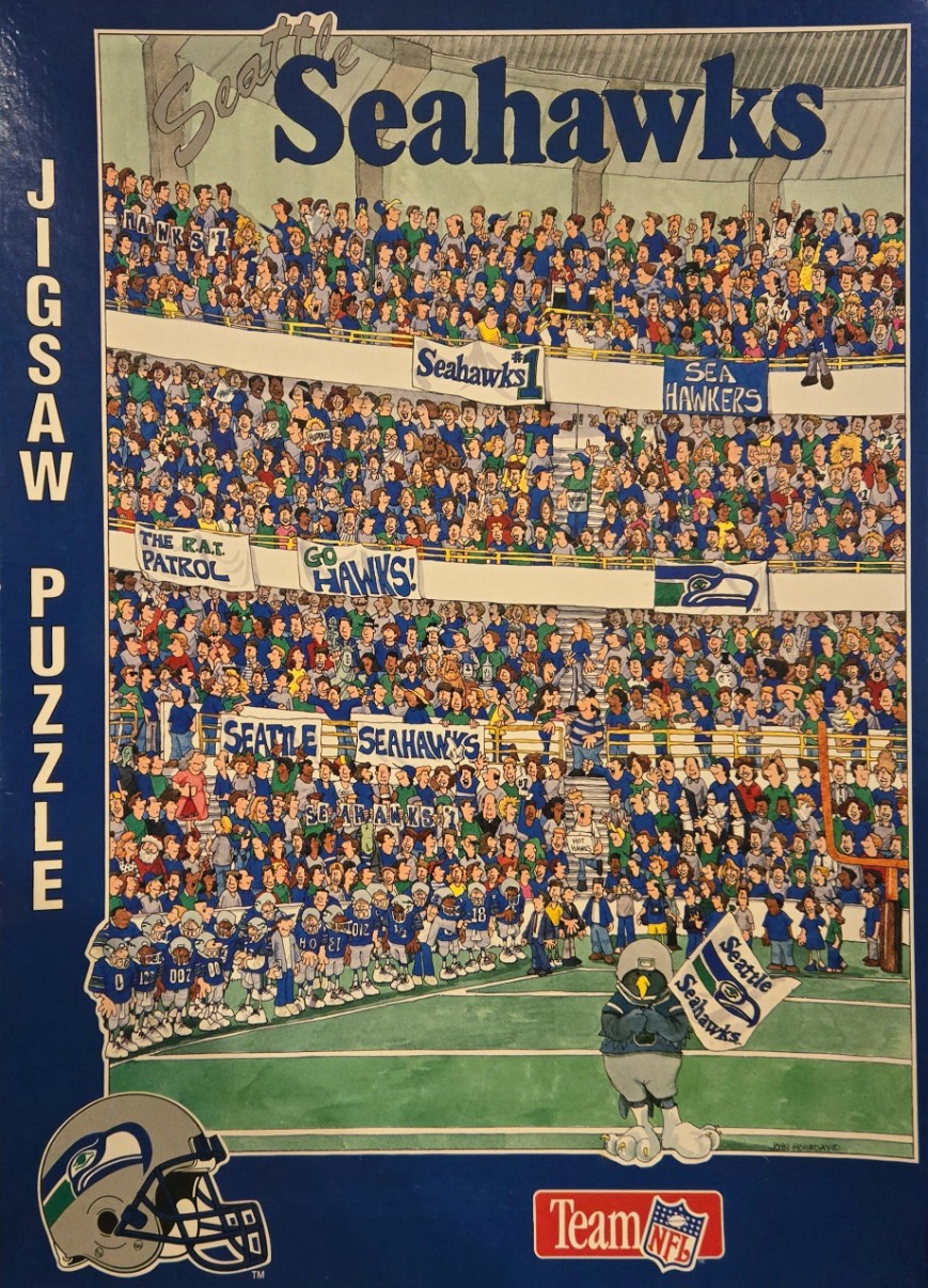 Cartoon illustration of a crowded Seattle football stadium filled with cheering fans and a mascot