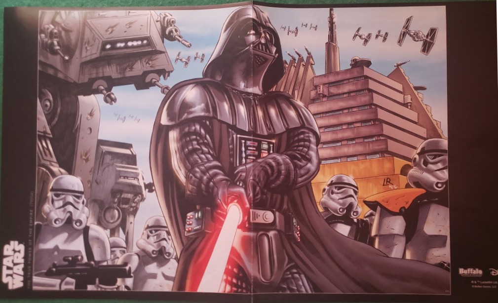 Darth Vader in the foreground with stormtroopers and Imperial walkers in a sci-fi cityscape.