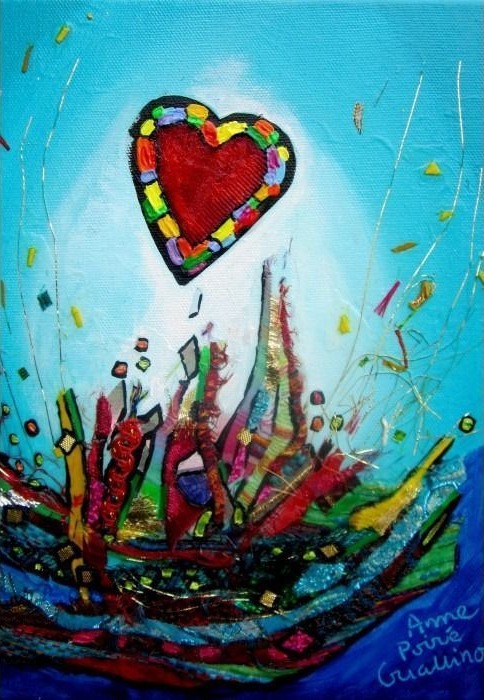 A mixed-media art piece featuring a red heart hovering over a colorful, abstract landscape against a bright blue background.