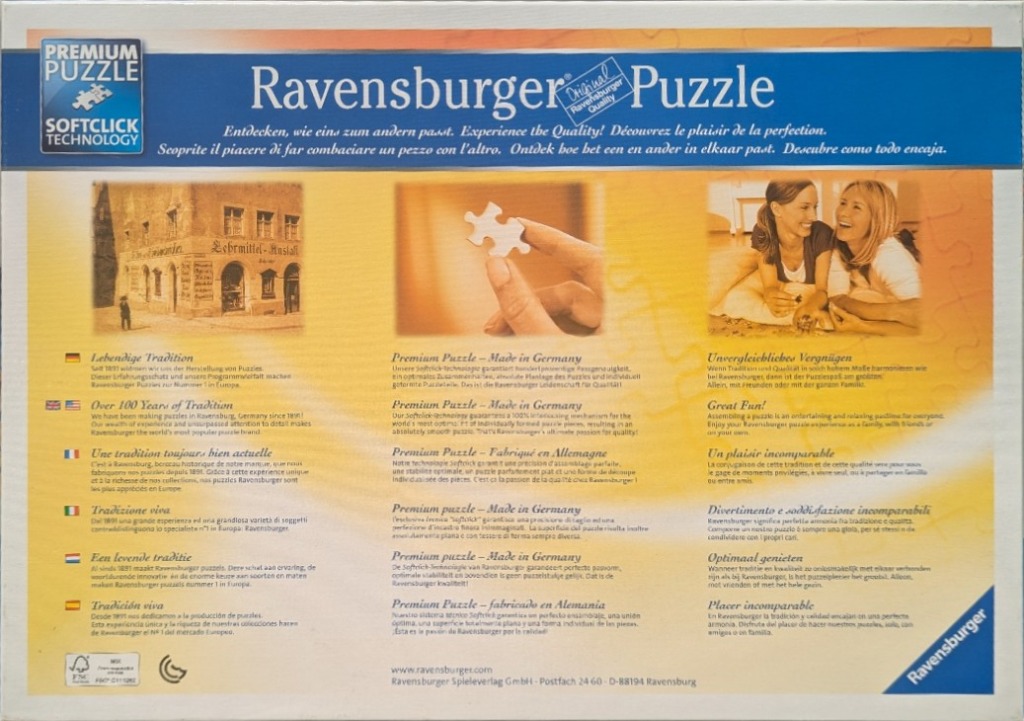Two women laughing, a hand holding a puzzle piece, and a building scene.