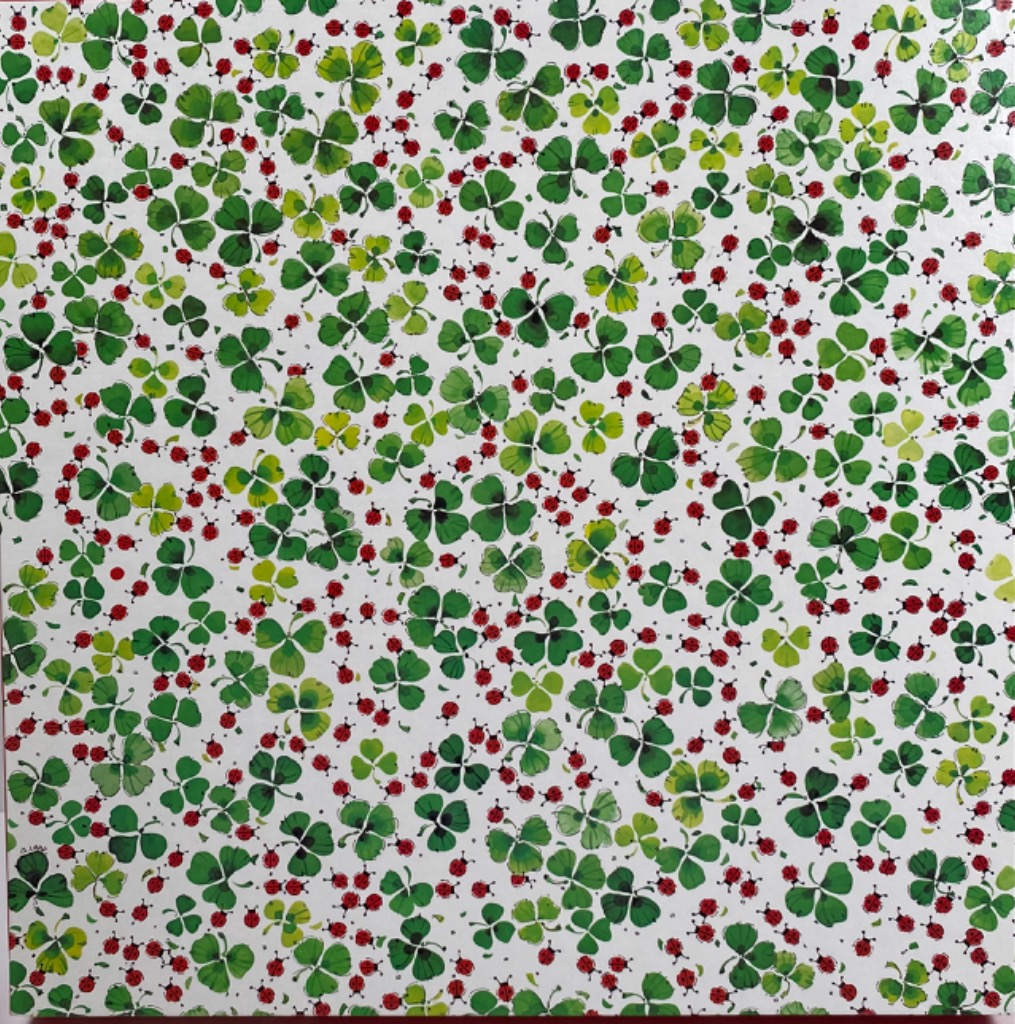 Pattern of watercolor-style green clovers and small red ladybugs on a white background.