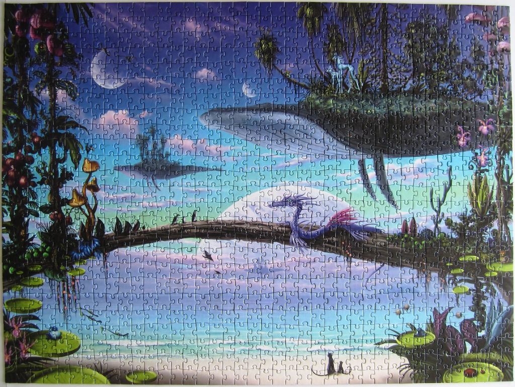 A fantasy landscape with floating islands, a dragon on a fallen log, and a surreal, dreamlike atmosphere.