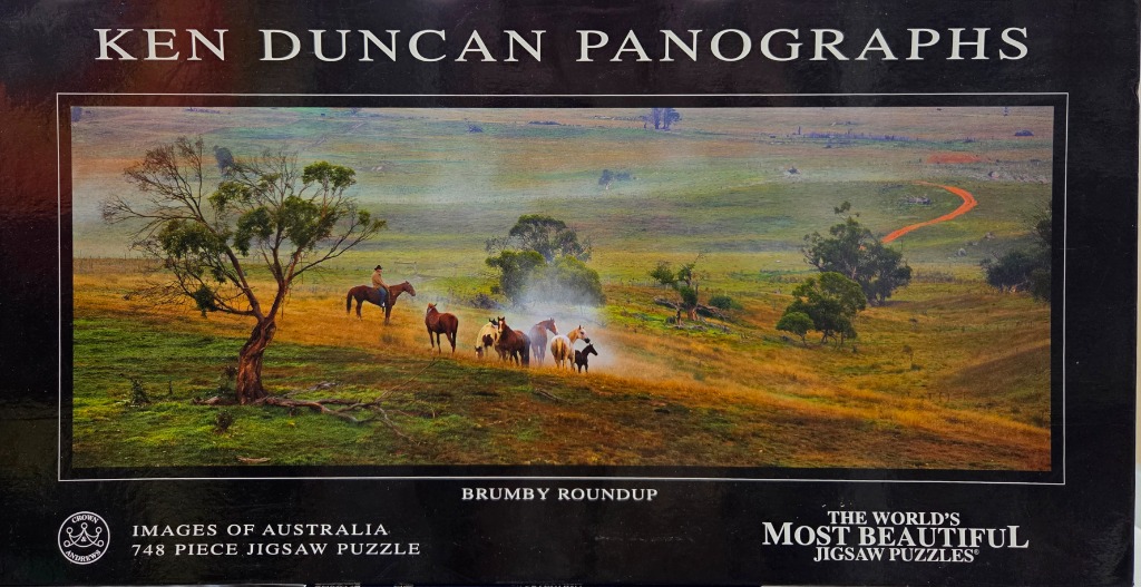 A panoramic photograph of a man on horseback herding a small group of horses across a misty Australian landscape.