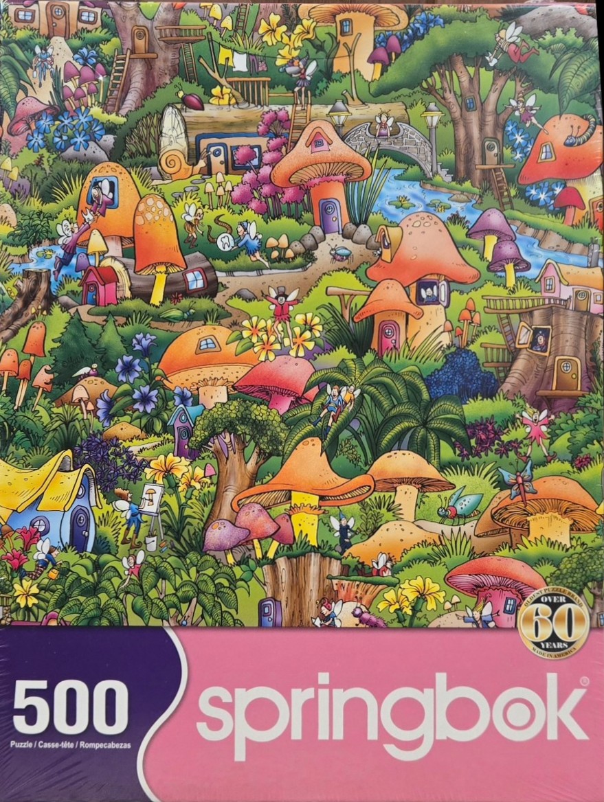 Whimsical illustration of a vibrant fairy forest filled with mushroom houses and winged fairies.