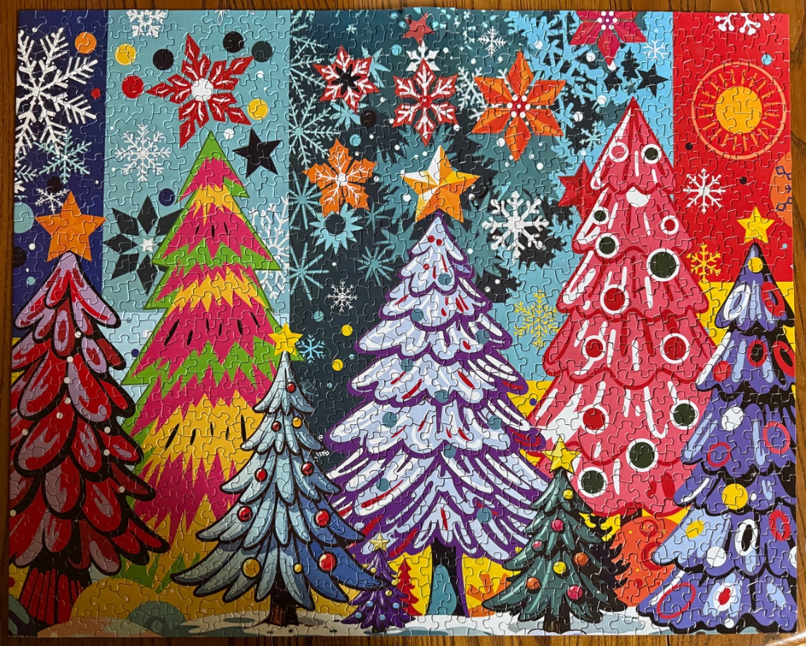An illustration of stylized, colorful Christmas trees set against a vibrant, wintry background of snowflakes.