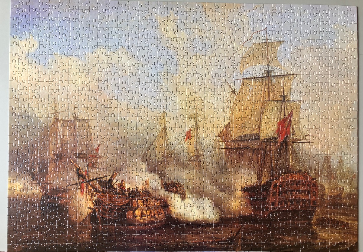 Historical oil painting of tall ships engaged in a naval battle amidst heavy smoke and golden light.
