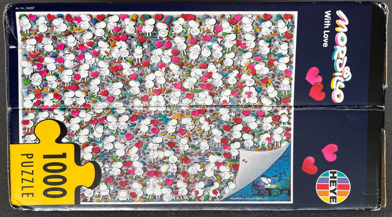Cartoon illustration of many small white bulbous figures interacting with pink and red hearts on a speckled grey background.