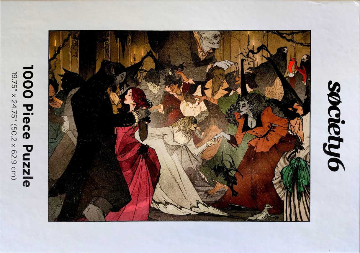 Illustration of a gothic masquerade ball featuring fantasy creatures and elegant figures dancing in a dimly lit ballroom.