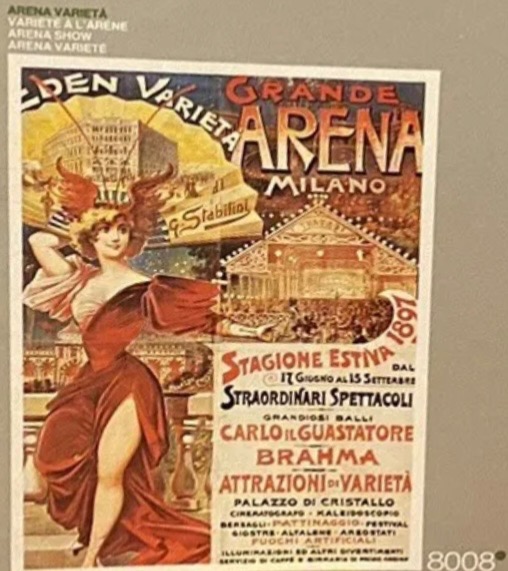 An illustration of a woman in a red gown at a 19th-century Milanese variety show event.