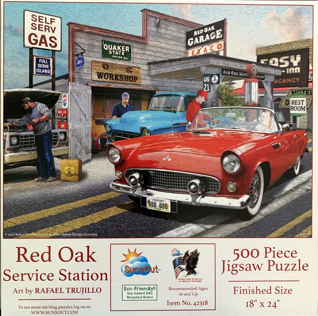 A nostalgic 1950s-style garage and service station scene with a classic red convertible car in the foreground.