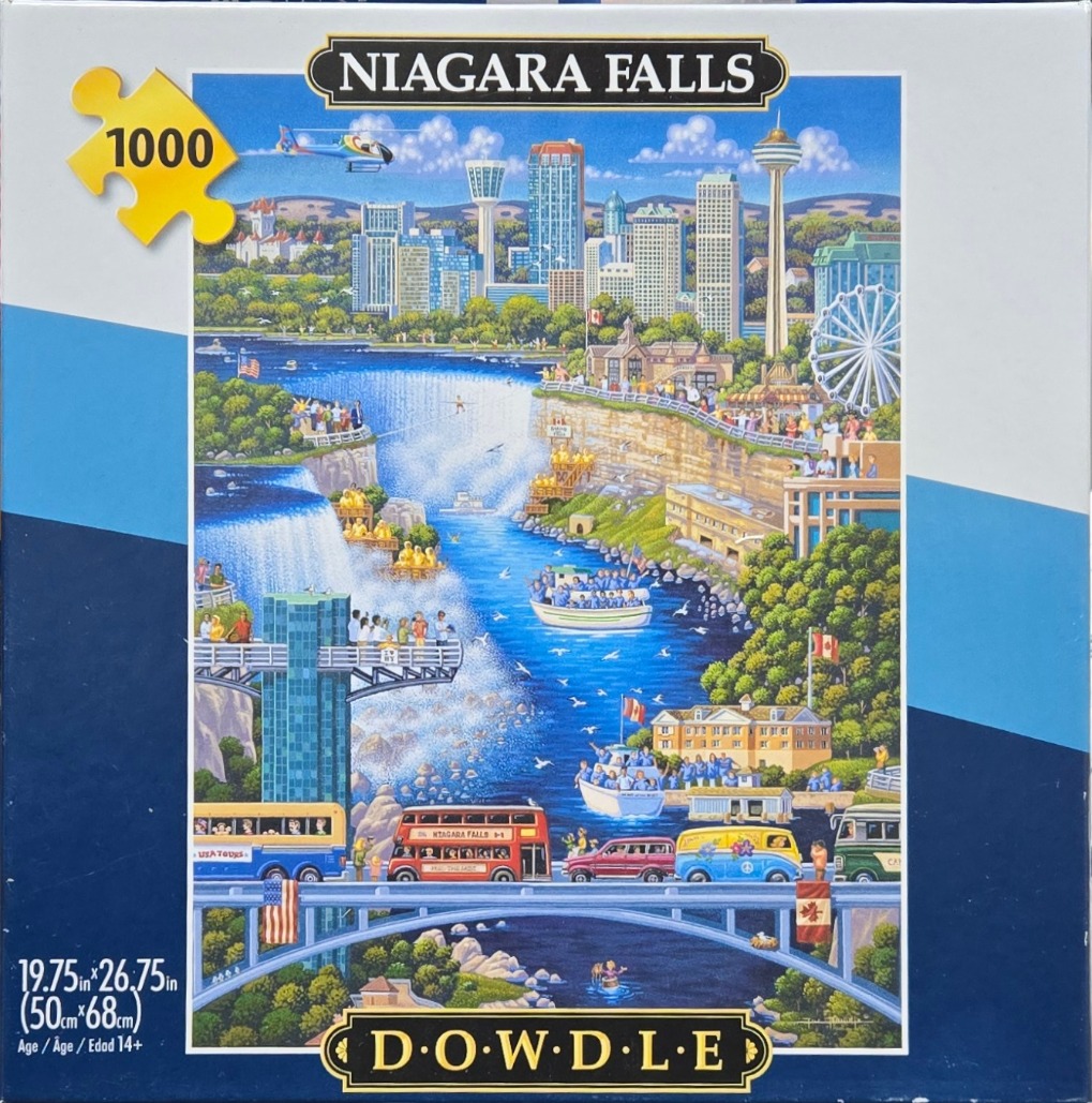 A whimsical folk-art style illustration of Niagara Falls featuring the falls, city skyline, and tourist activity.