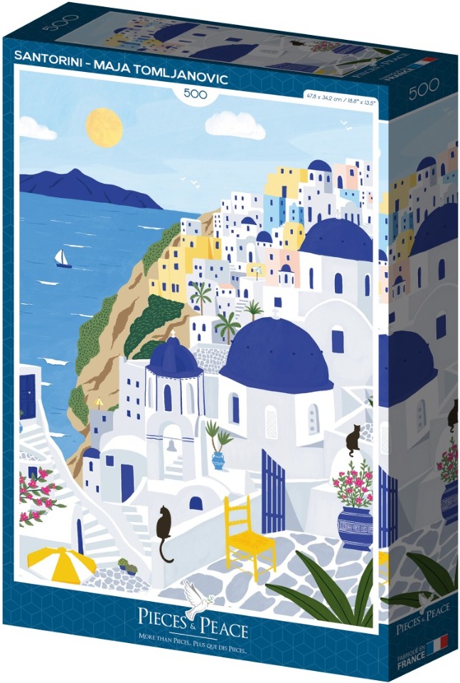 A whimsical illustration of Santorini featuring white buildings with blue domes perched on a cliff overlooking the sea.
