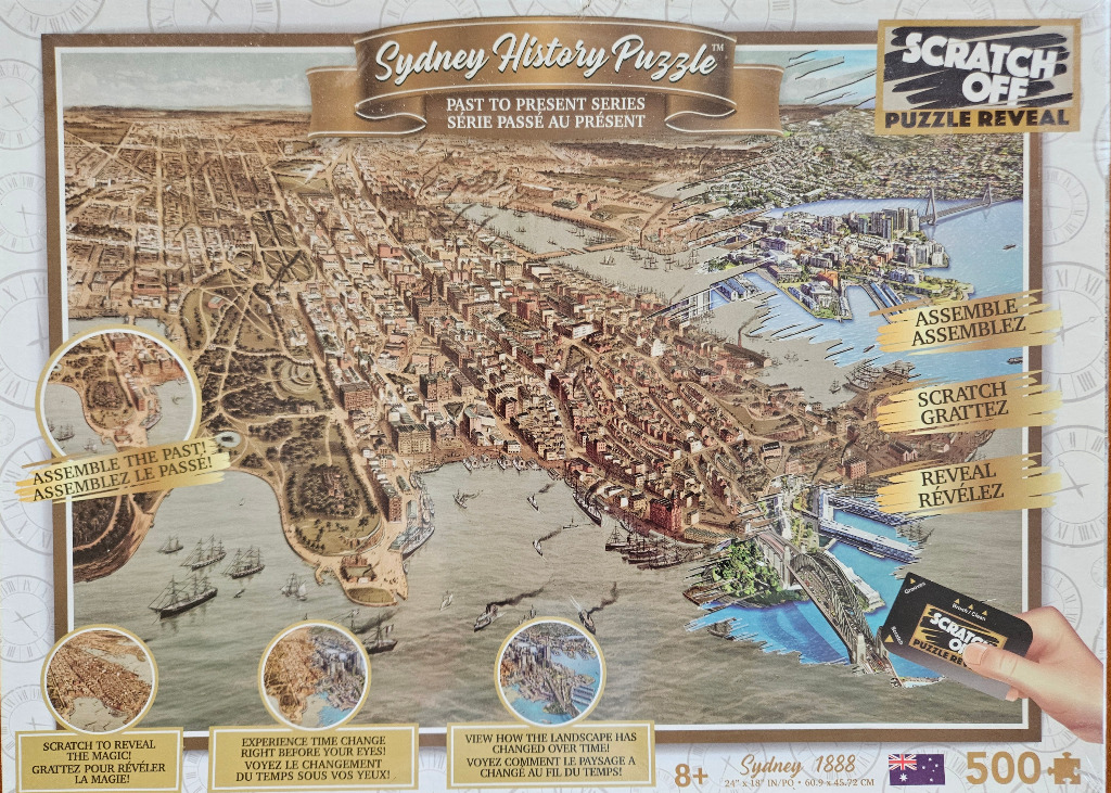 Aerial historical illustration of Sydney in 1888 showing a contrast between sepia-toned past and modern color buildings.