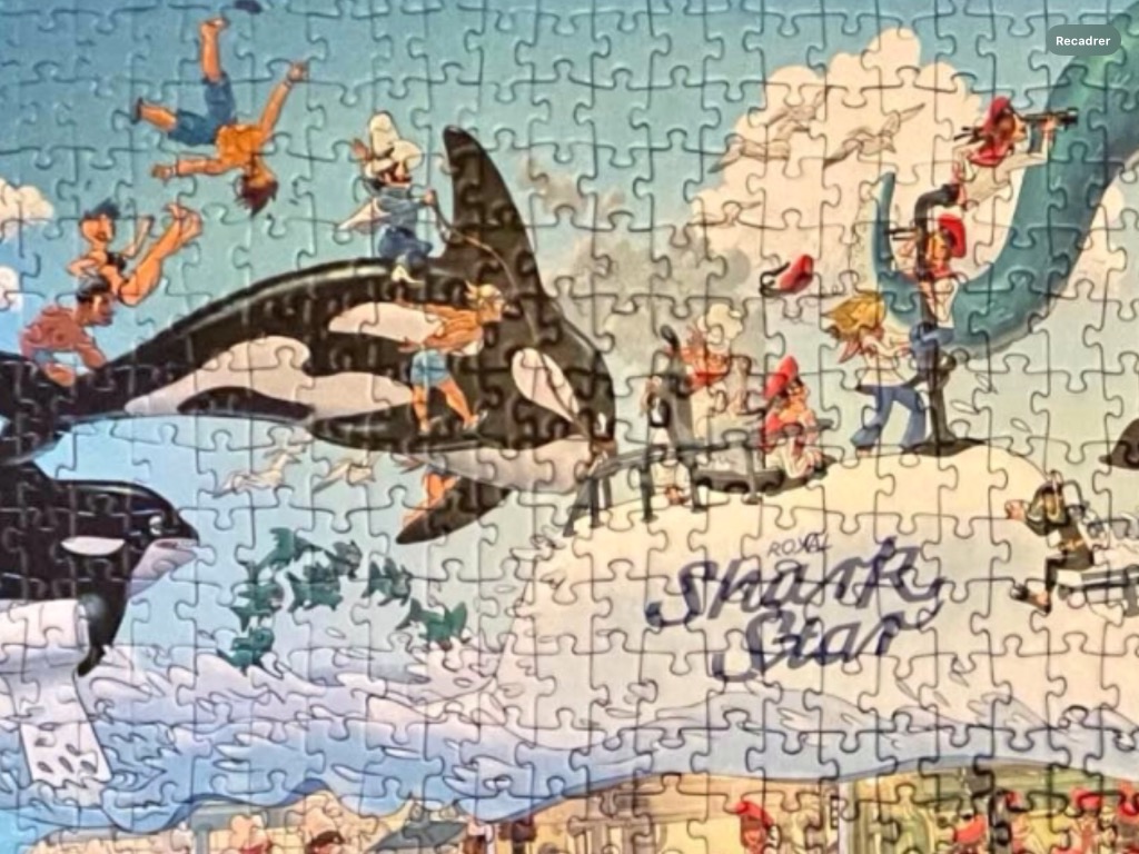 Cartoon illustration featuring orcas and people interacting in a playful, whimsical aquatic setting.