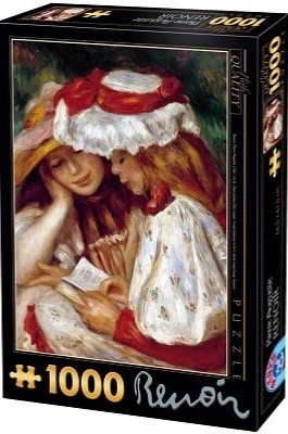Oil painting of two young girls in hats reading a book together in an impressionist style.