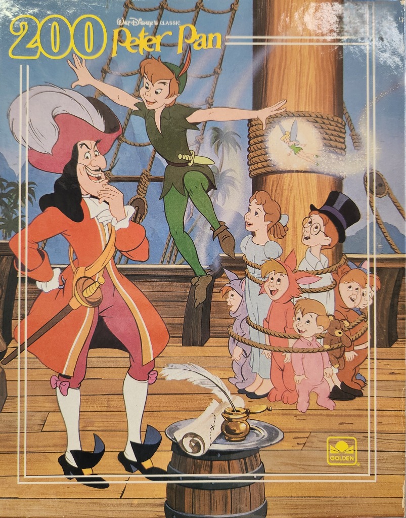 Peter Pan characters on a ship deck with Captain Hook, Wendy, John, and the Lost Boys.