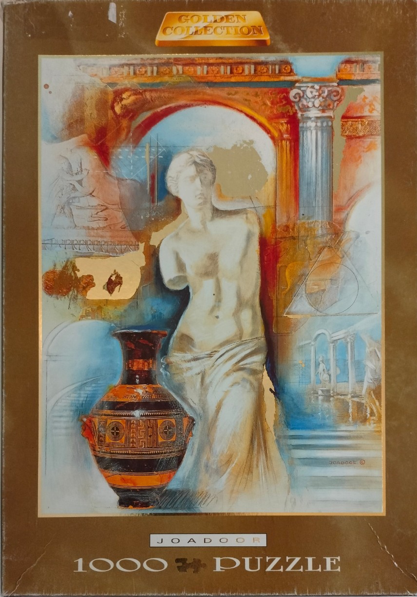 Surrealist-style illustration featuring a classical Greek statue, a decorative vase, and architectural ruins.