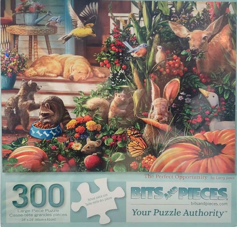 A lush garden scene filled with woodland animals including raccoons, a golden retriever, a rabbit, and a deer.