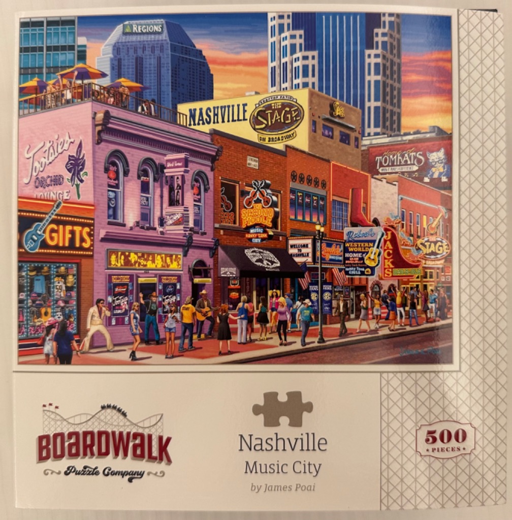 An illustration of the vibrant Nashville Broadway strip at sunset with music venues and crowds.