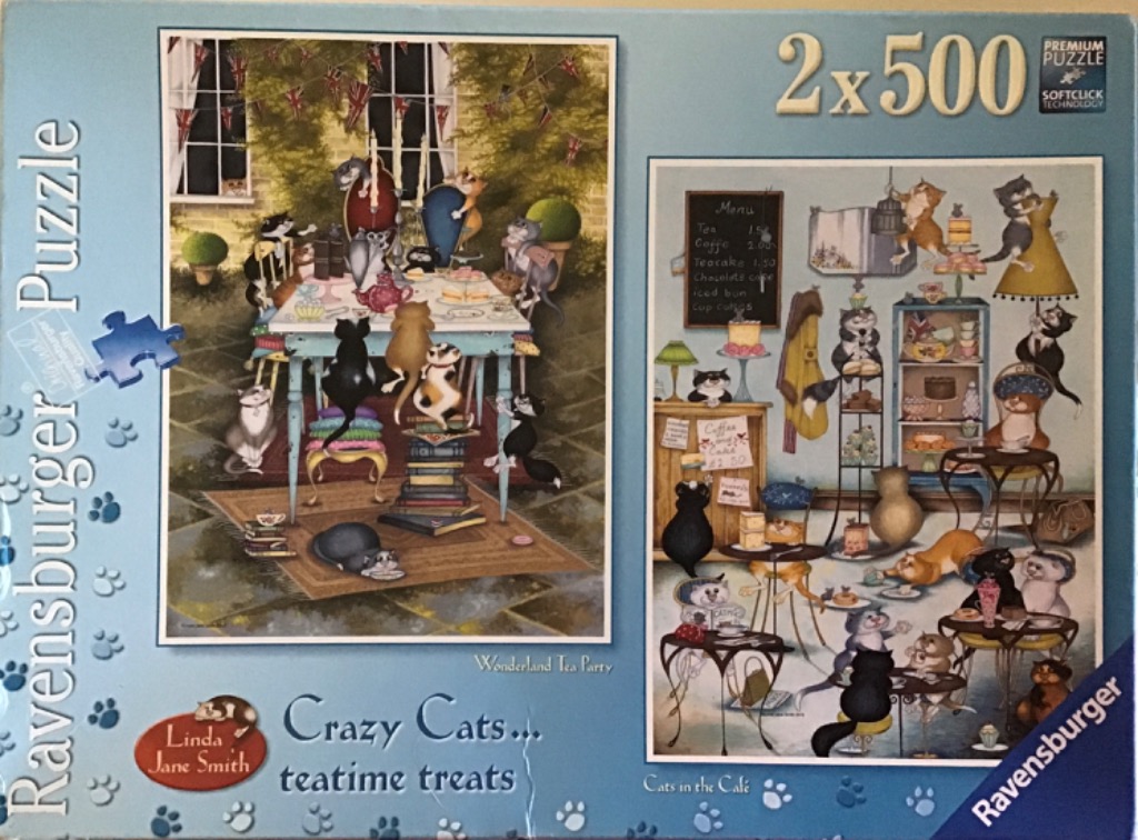 Two illustrations of mischievous cats enjoying tea and treats in a whimsical cafe setting.