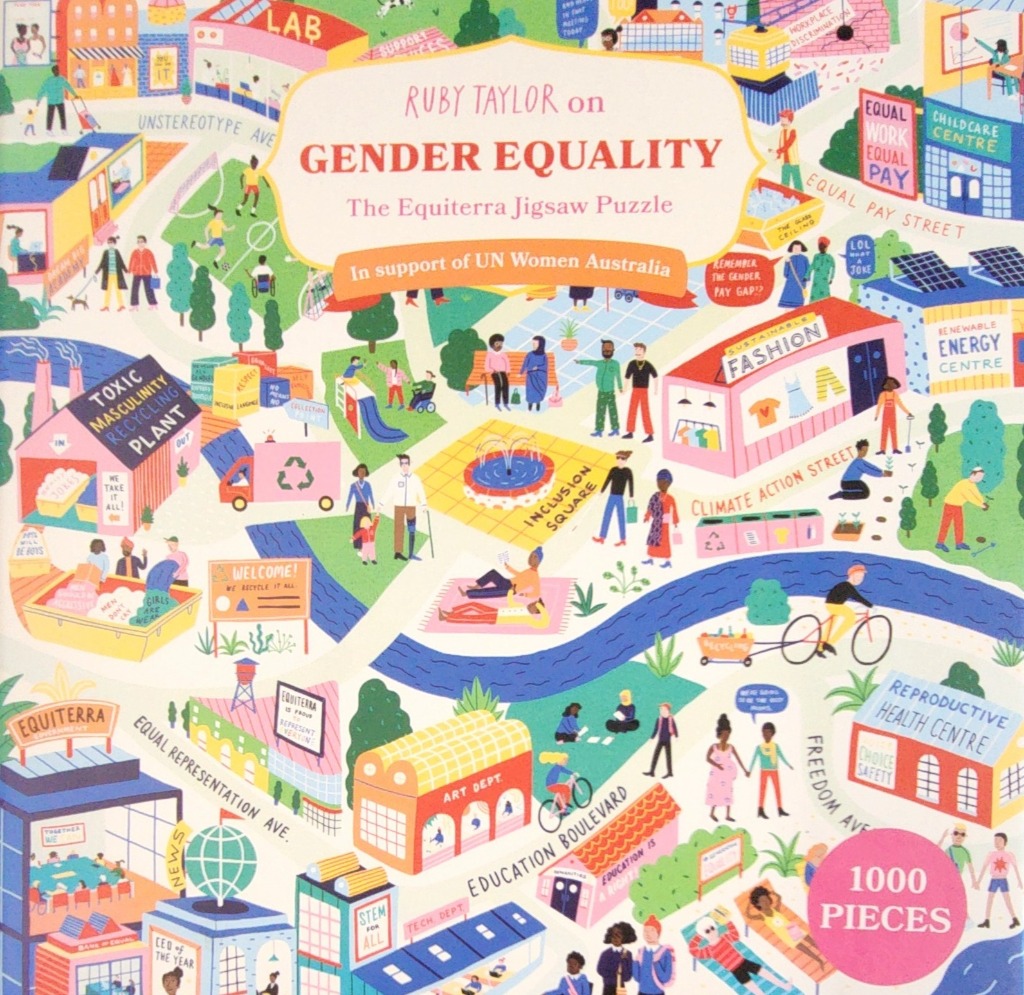 An illustrated map of an inclusive, progressive town featuring diverse people, green spaces, and community buildings.