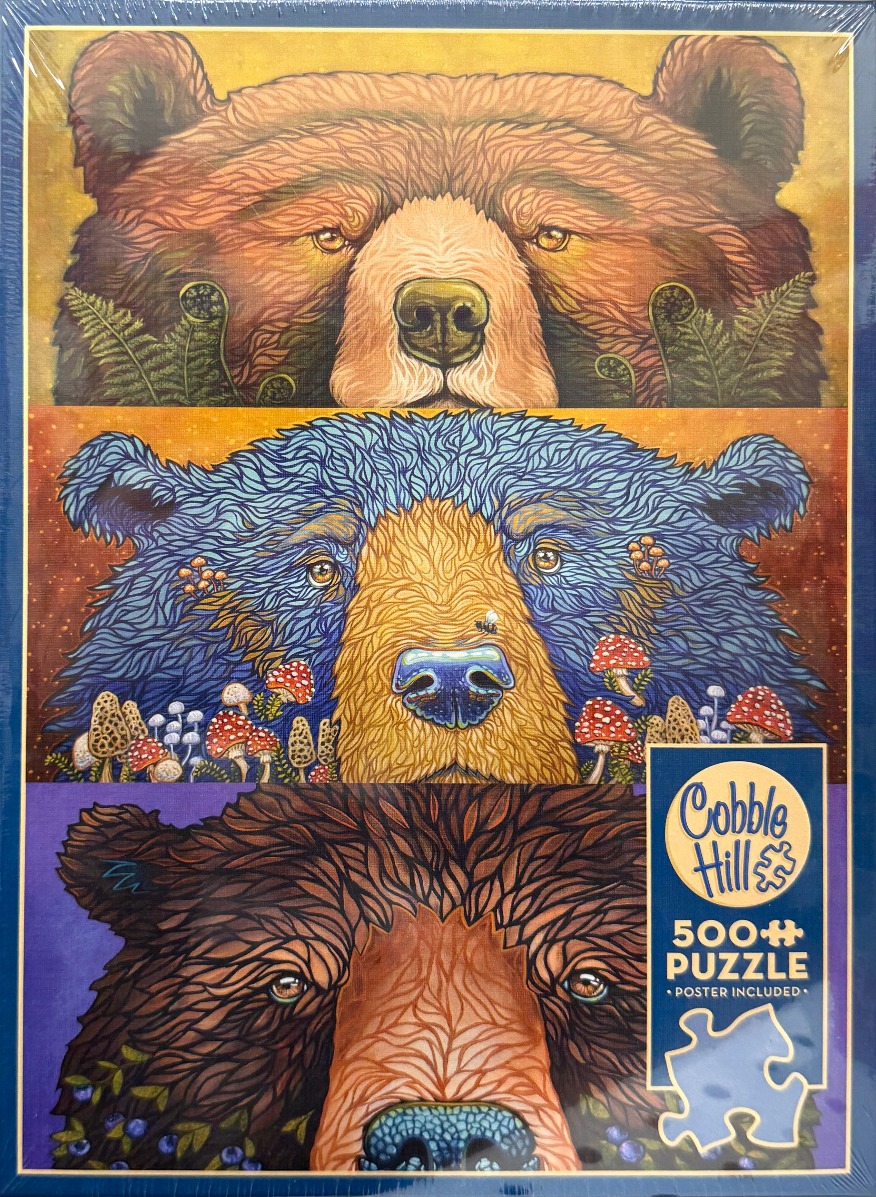 Stylized illustration of three bear faces stacked vertically against gold, orange, and purple backgrounds.