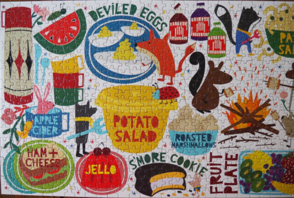 A colorful vintage-style illustration of a picnic with various food items and animals.