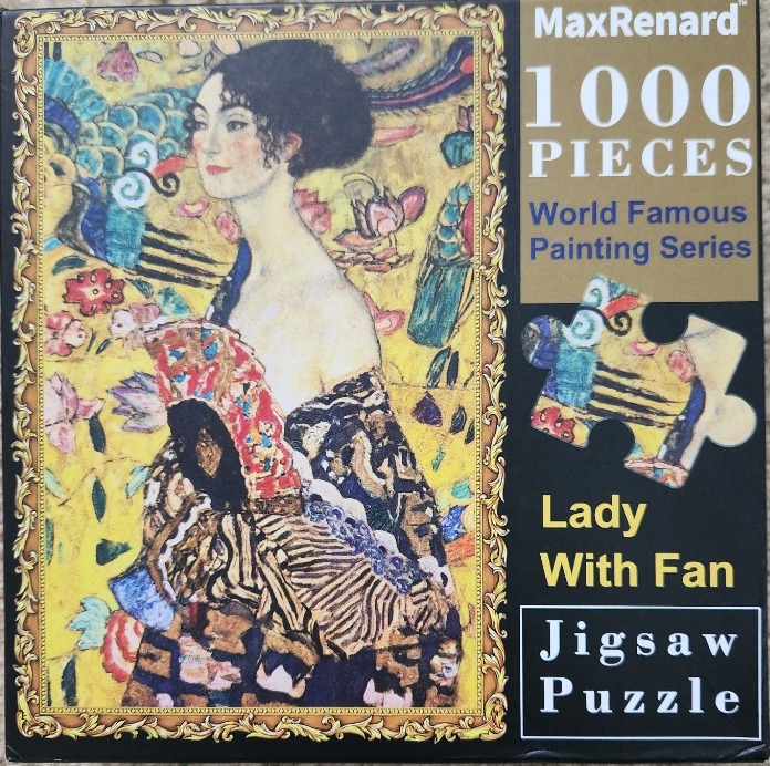 A Gustav Klimt portrait of a lady holding a folding fan against a vibrant gold background with stylized floral motifs.
