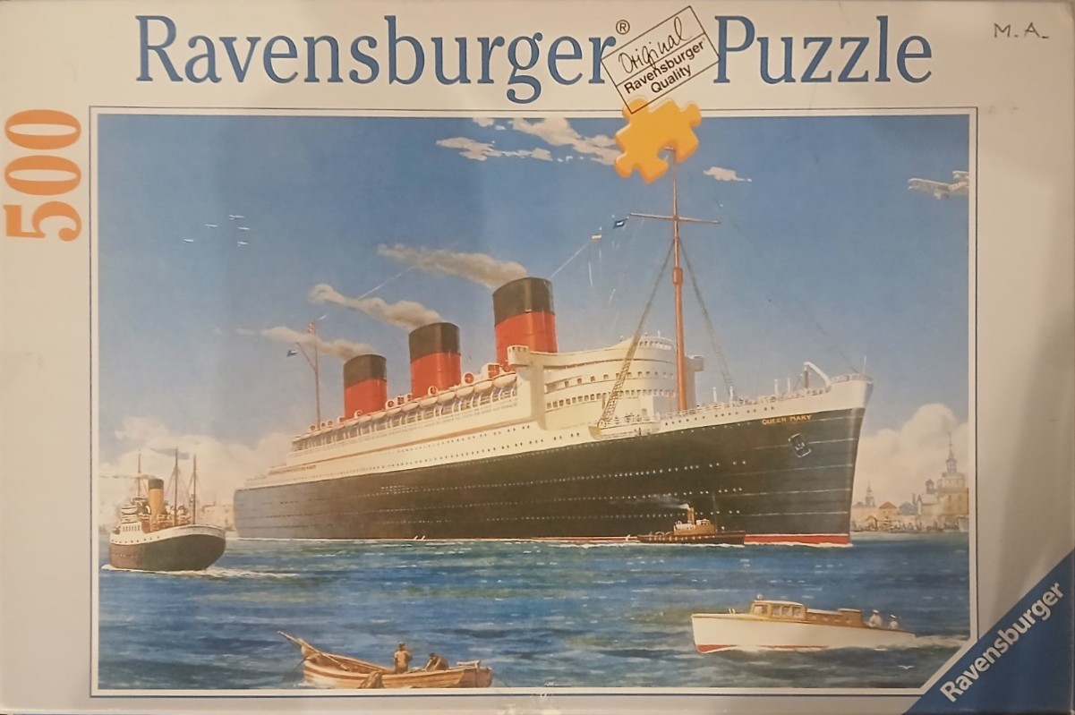 A vintage painting of the ocean liner RMS Queen Mary sailing in a harbor.