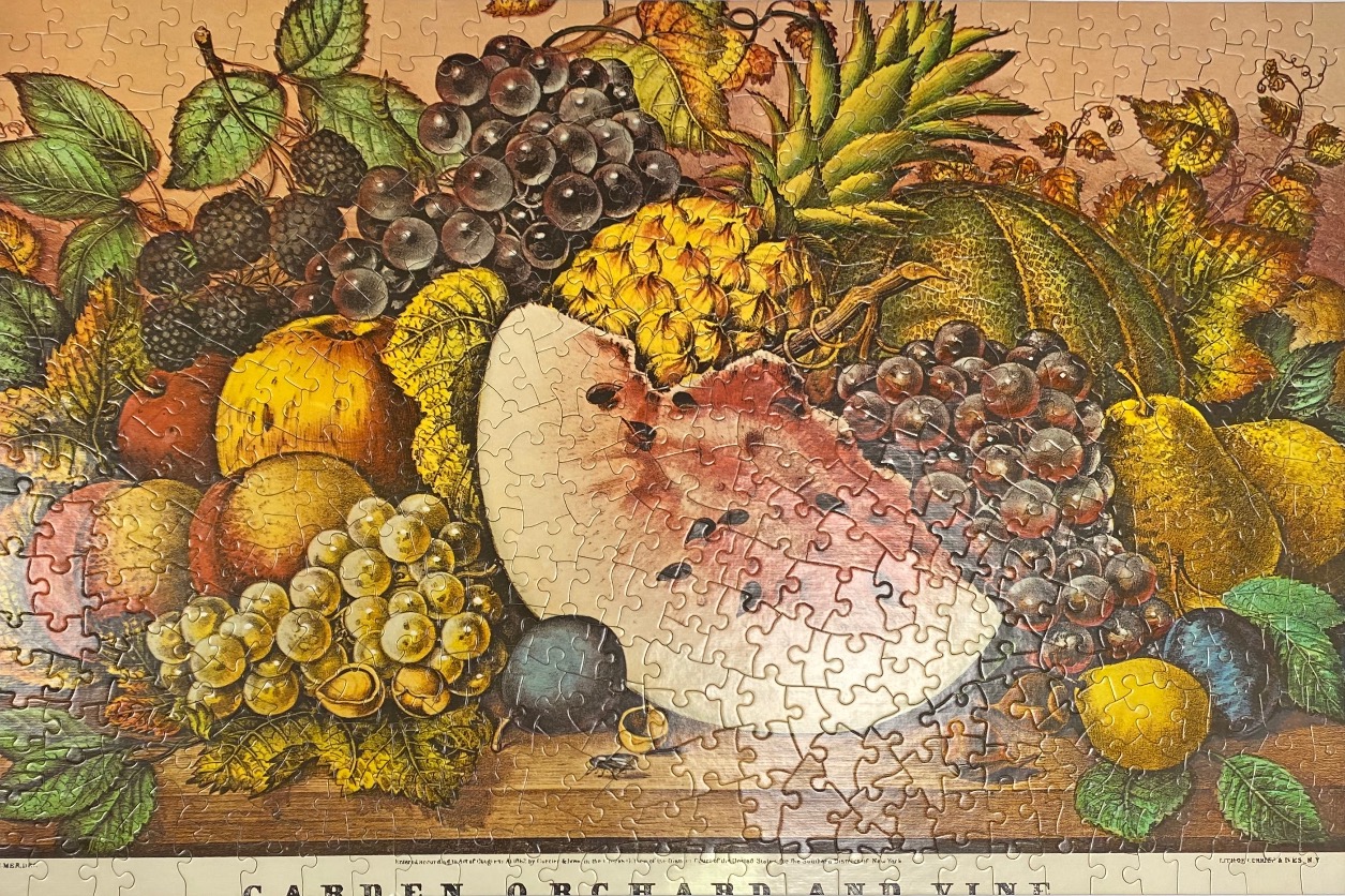 A vintage-style illustration of a bountiful harvest of fruits and berries arranged on a wooden surface.