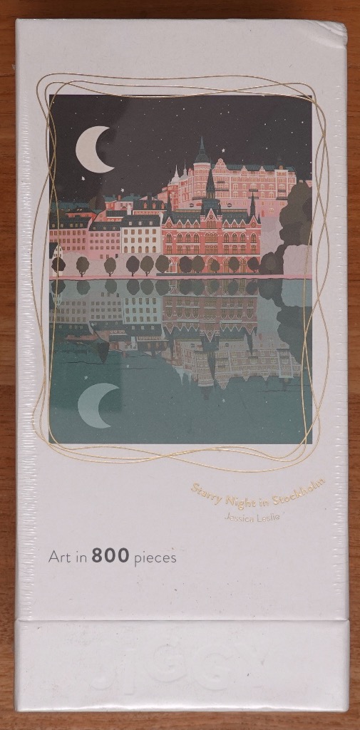 An illustration of Stockholm at night with a crescent moon and building reflections in the water.