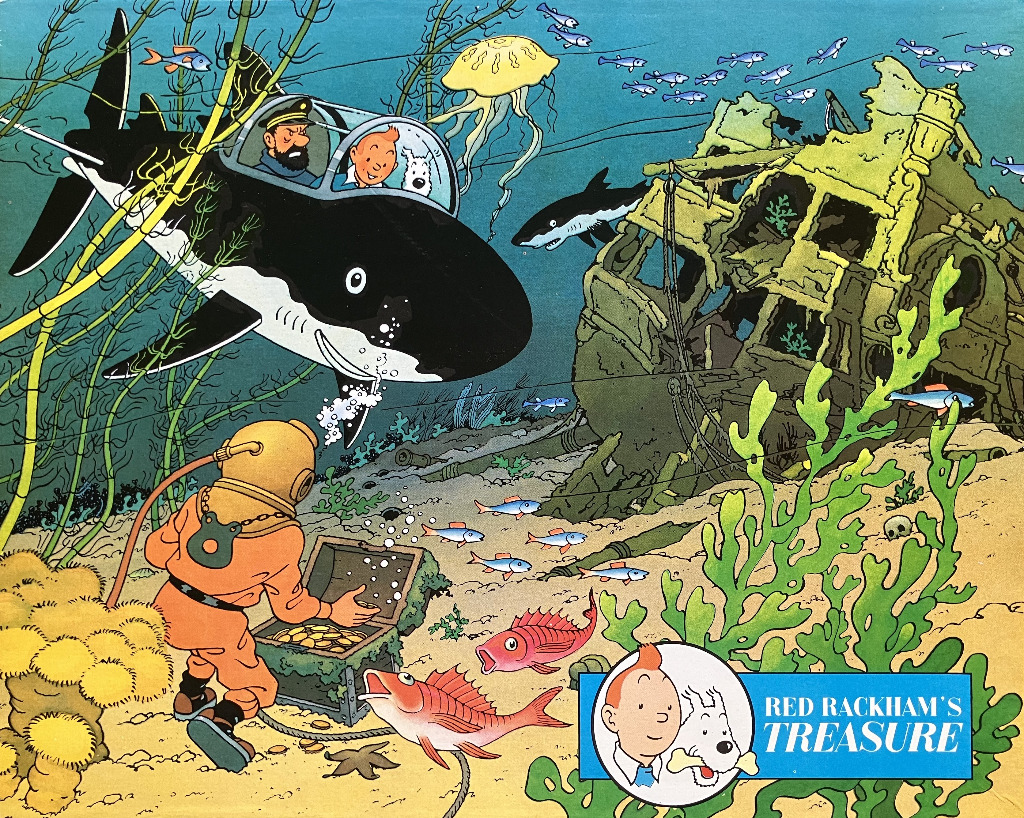 Cartoon illustration of a diver finding treasure near a shipwreck with Tintin and Snowy in a shark-shaped submarine.