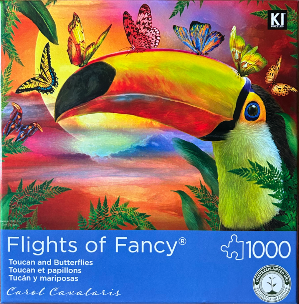 Close-up of a vibrant toucan's head with several colorful butterflies against a sunset background.