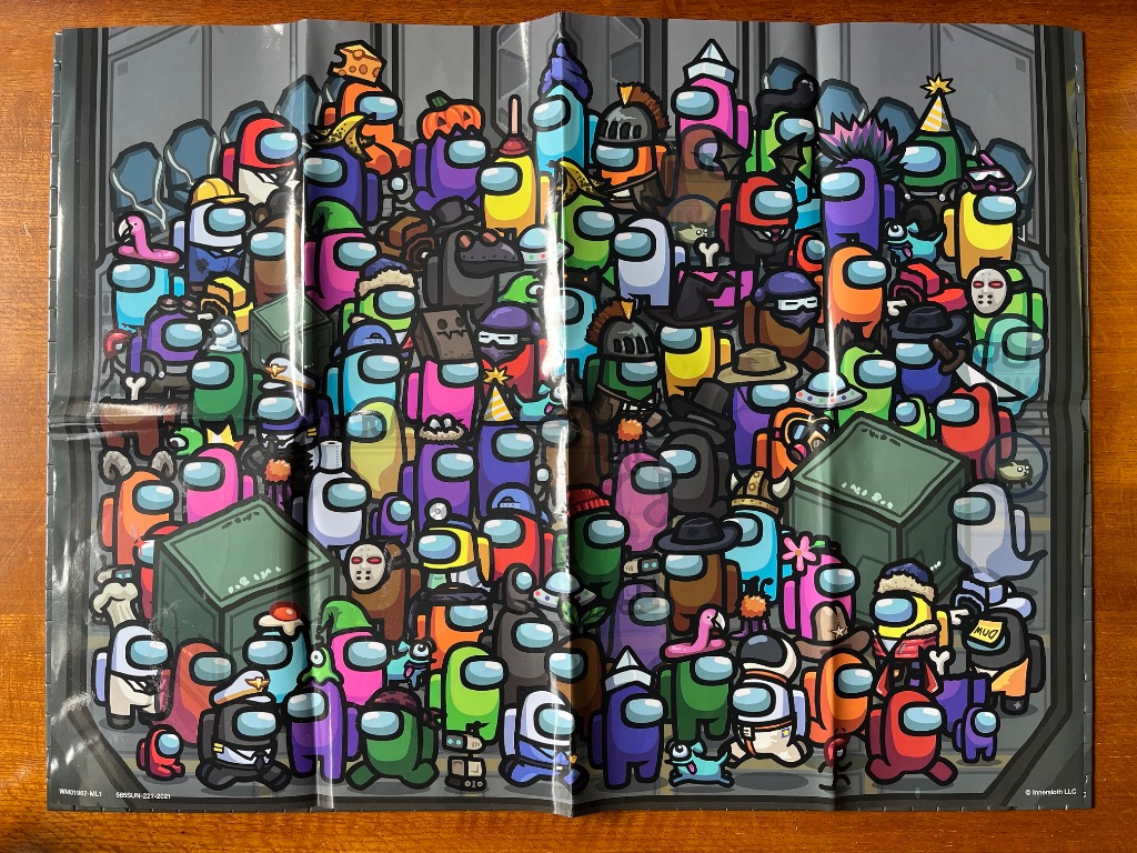 A dense crowd of colorful, stylized space-suited figures in a sci-fi corridor.