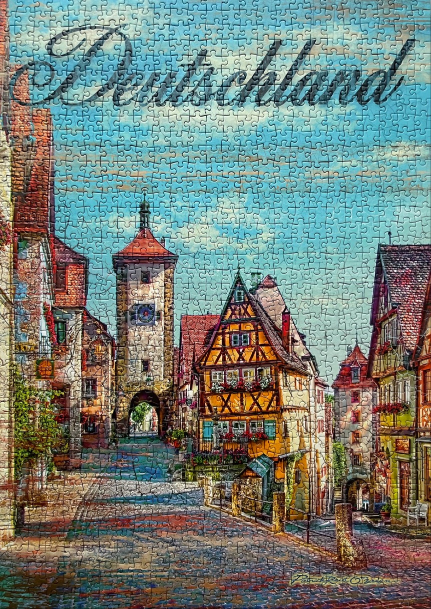 Illustration of a quaint German medieval street with half-timbered houses and a stone clock tower.
