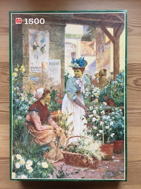 A painting of two women selling flowers at a small outdoor market stall.