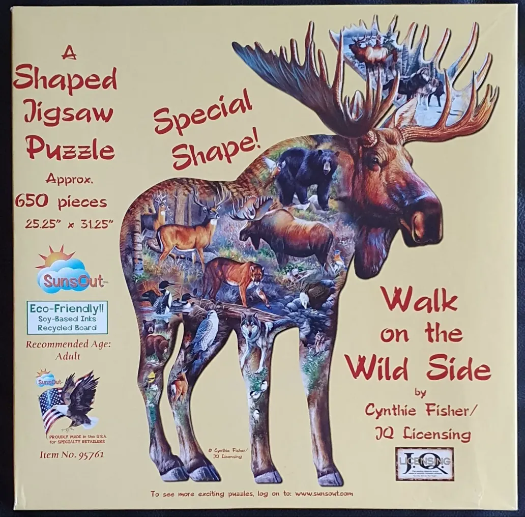 A moose-shaped collage illustration featuring various North American wildlife against a light yellow background.