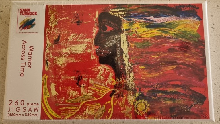 Abstract painting of a profile of a person with dark skin against a textured red background.