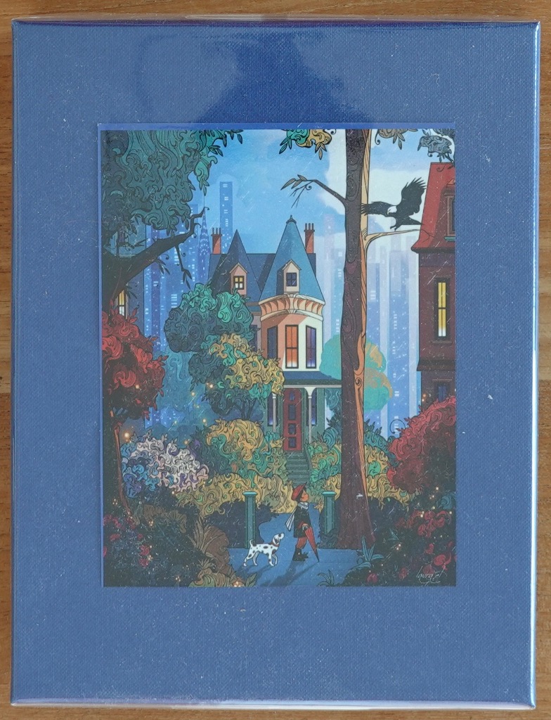 A whimsical illustration of a person and a spotted dog walking toward a Victorian home set against a city skyline.