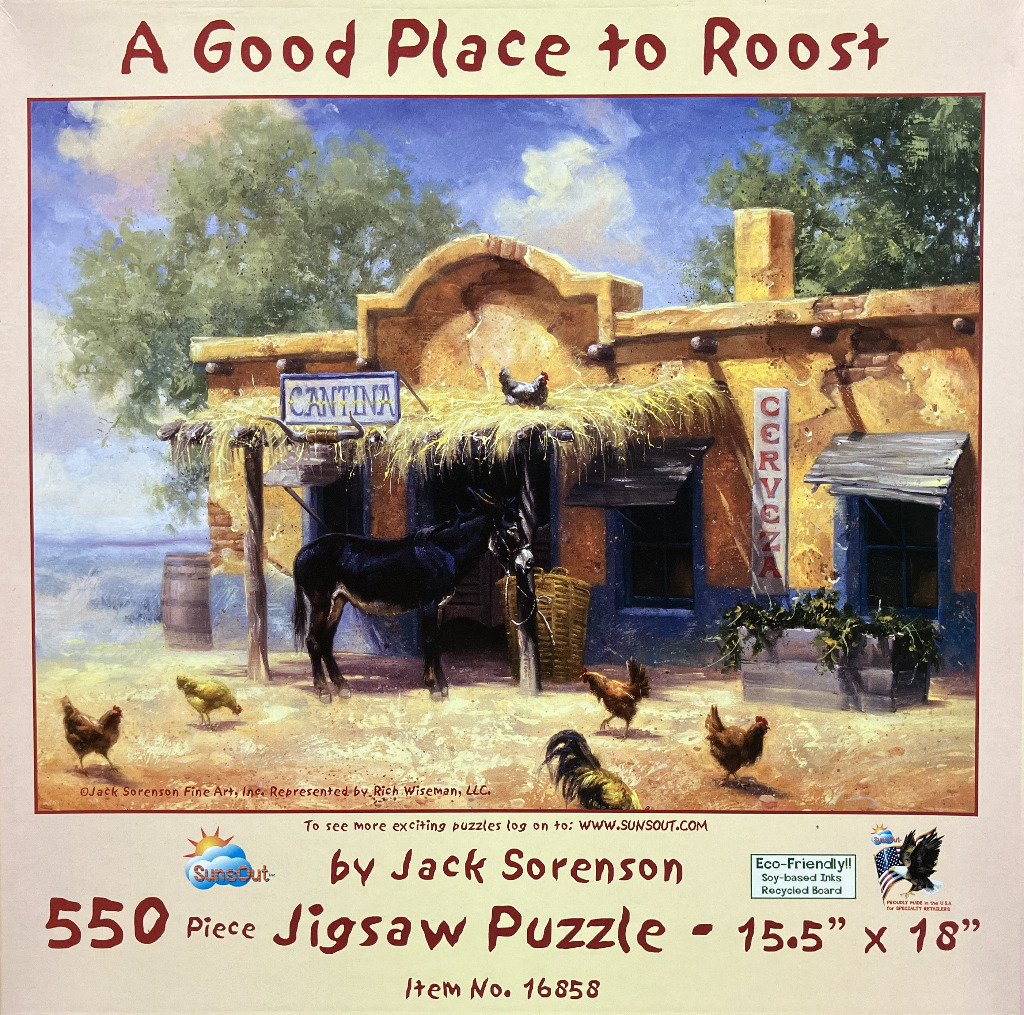 Oil painting of a donkey standing in front of a rustic desert cantina with chickens roaming the dusty ground.