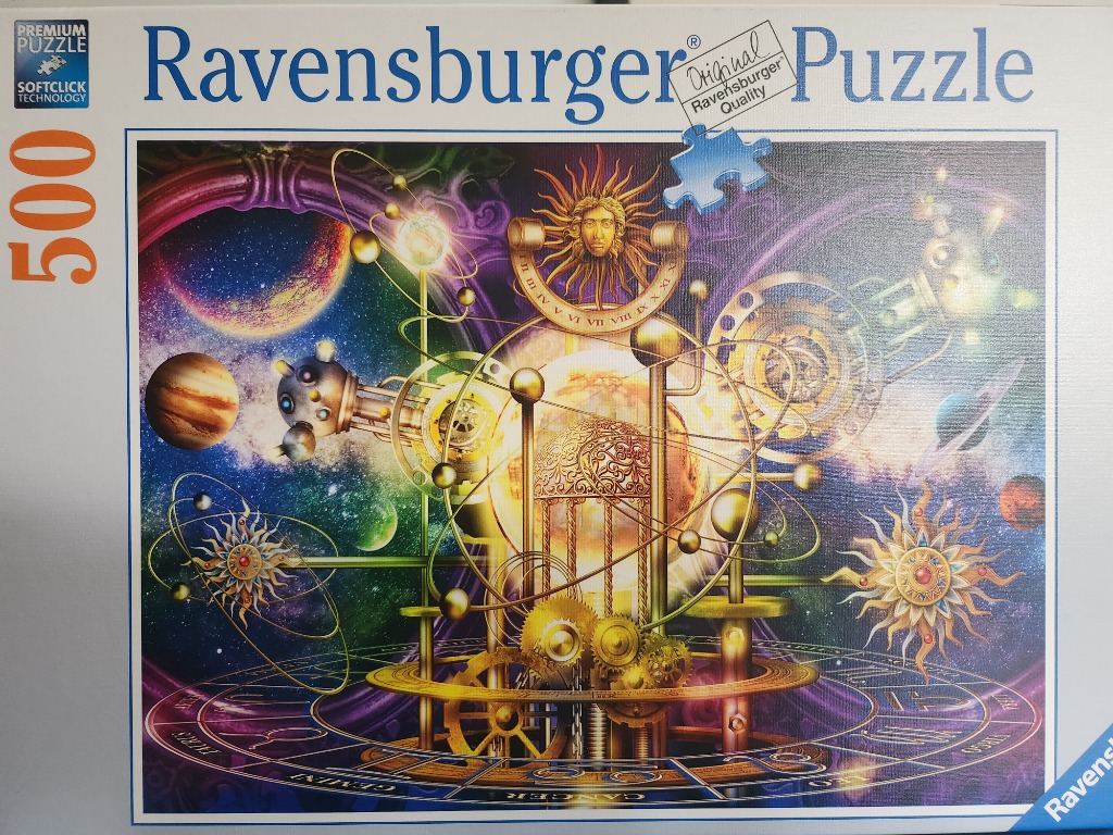 An intricate steampunk-style illustration featuring a golden orrery, celestial bodies, and a zodiac calendar in space.