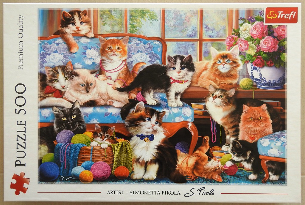 A whimsical illustration of many kittens of various breeds playing with yarn in a cozy, sunlit room.