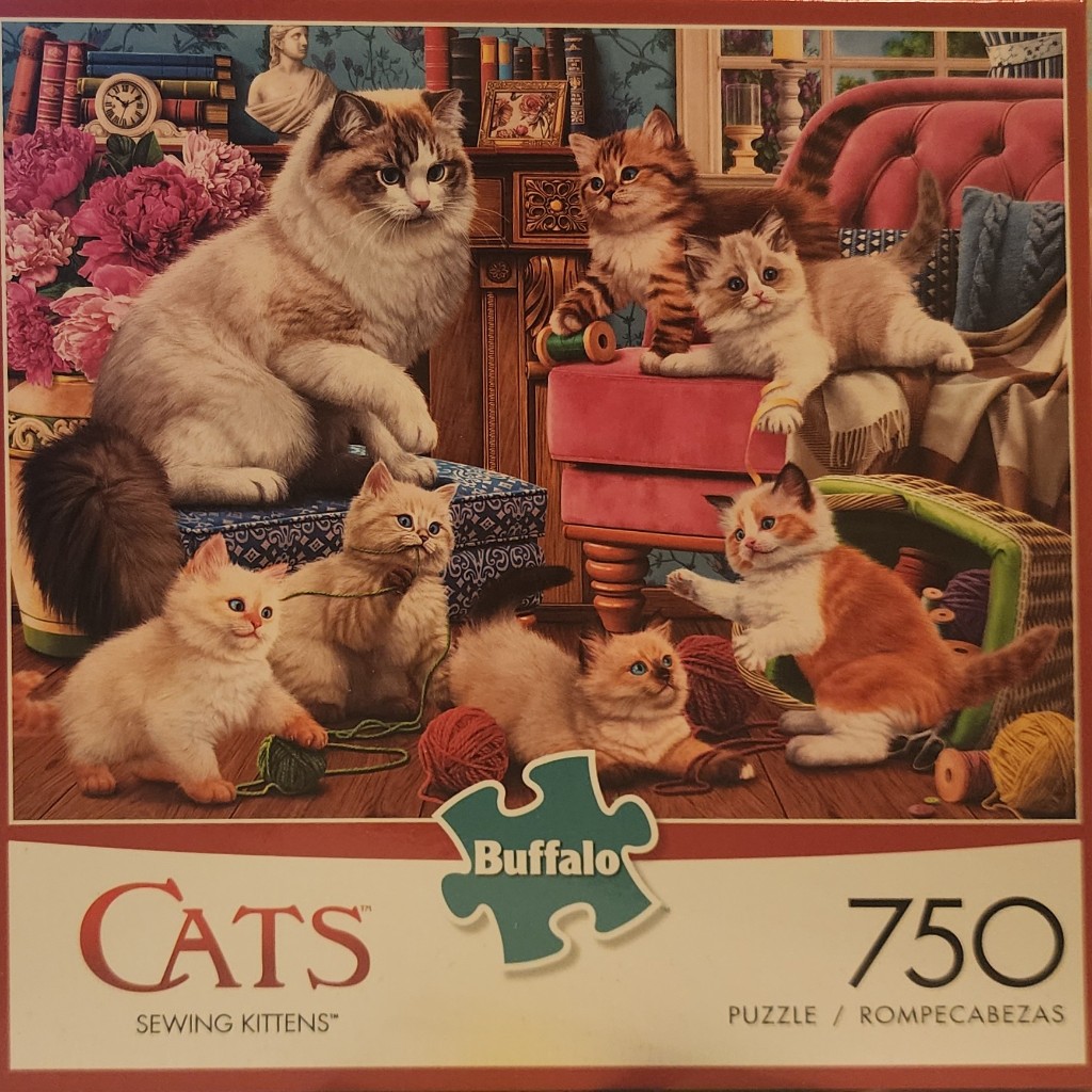 A group of fluffy cats and kittens playing with yarn in a cozy, vintage-style study.