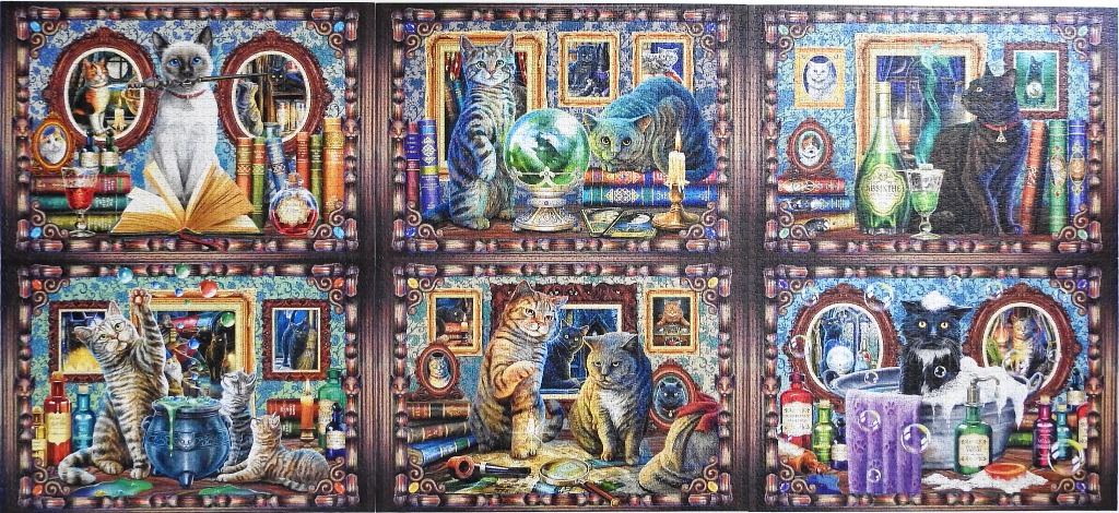 Six-panel illustration featuring magical and whimsical cats in mystical settings
